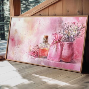 Vintage Perfume and Flowers Canvas Print, Light Pink Wall Art, Feminine Rustic Decor, Cottagecore Artwork, Original Gift Idea