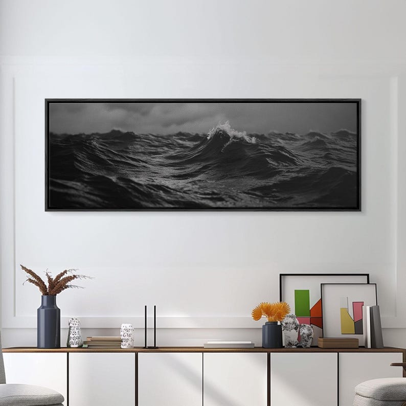 Black and White Ocean Photography Style Print, Panoramic Wall Art, Wood