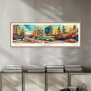 Spokane Washington Panoramic Painting, Mid Century Modern Framed Canvas Print, Retro Pop Art Travel Poster, Wall Decor, Office Art