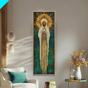 Art Deco Christian Canvas Print, Eucharistic Adoration Scene, Light Oak Frame afbeelding 16