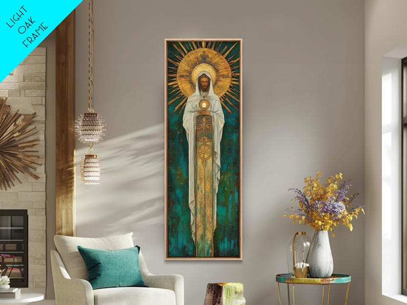 Art Deco Christian Canvas Print, Eucharistic Adoration Scene, Light Oak Frame afbeelding 16