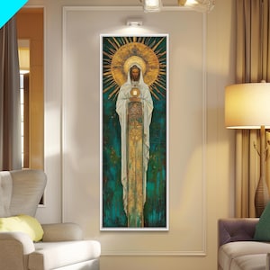Art Deco Christian Canvas Print, Eucharistic Adoration Scene, Light Oak Frame afbeelding 3