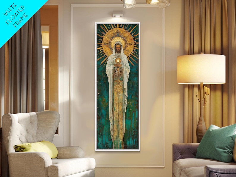 Art Deco Christian Canvas Print, Eucharistic Adoration Scene, Light Oak Frame afbeelding 3