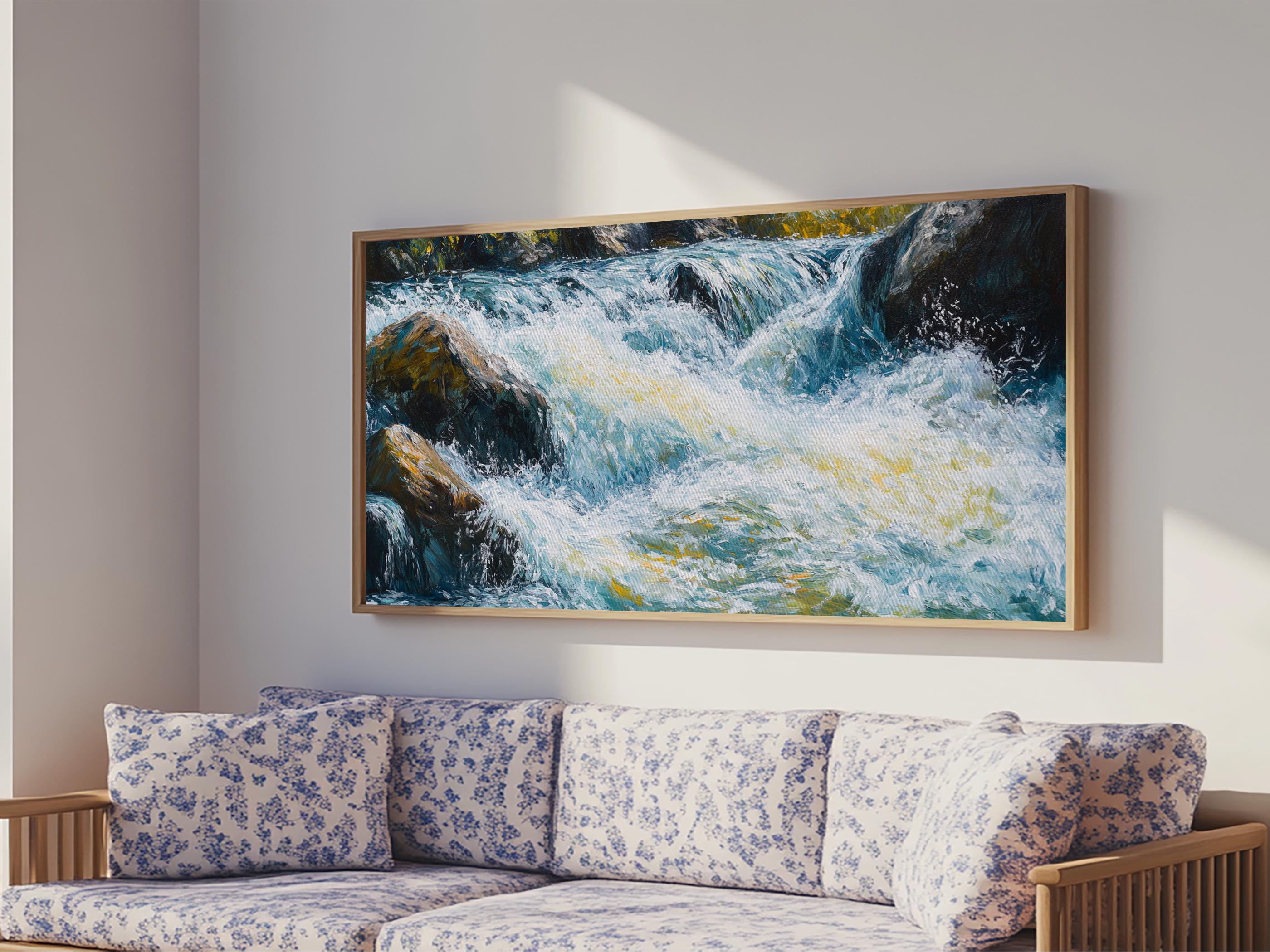 Waterfall, rushing stream, Canvas Print, landscape painting, above couch art, extra wide art, nature art, mountain painting
