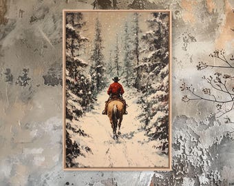 Cowboy on Horseback Framed Canvas Print: Rustic Winter Wall Art