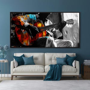Guitarrista, música, expresión, momento musical melancólico capturado en esta impresión en lienzo enmarcada, arte bohemio para sala de música, arte de pared para estudio artístico imagen 7