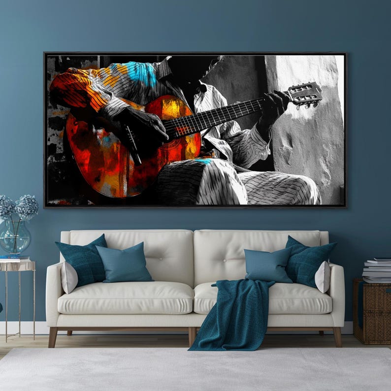 Guitarrista, música, expresión, momento musical melancólico capturado en esta impresión en lienzo enmarcada, arte bohemio para sala de música, arte de pared para estudio artístico imagen 7