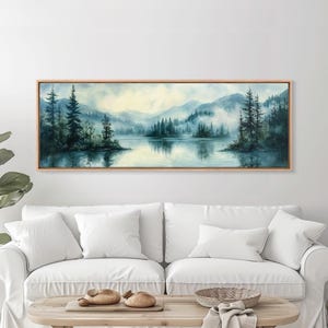 Fog Over The Lake Panoramic Painting Print - Rustic Decor - Panoramic Ultra Wide Wall Art For Above Bed or Sofa - Moody Decor