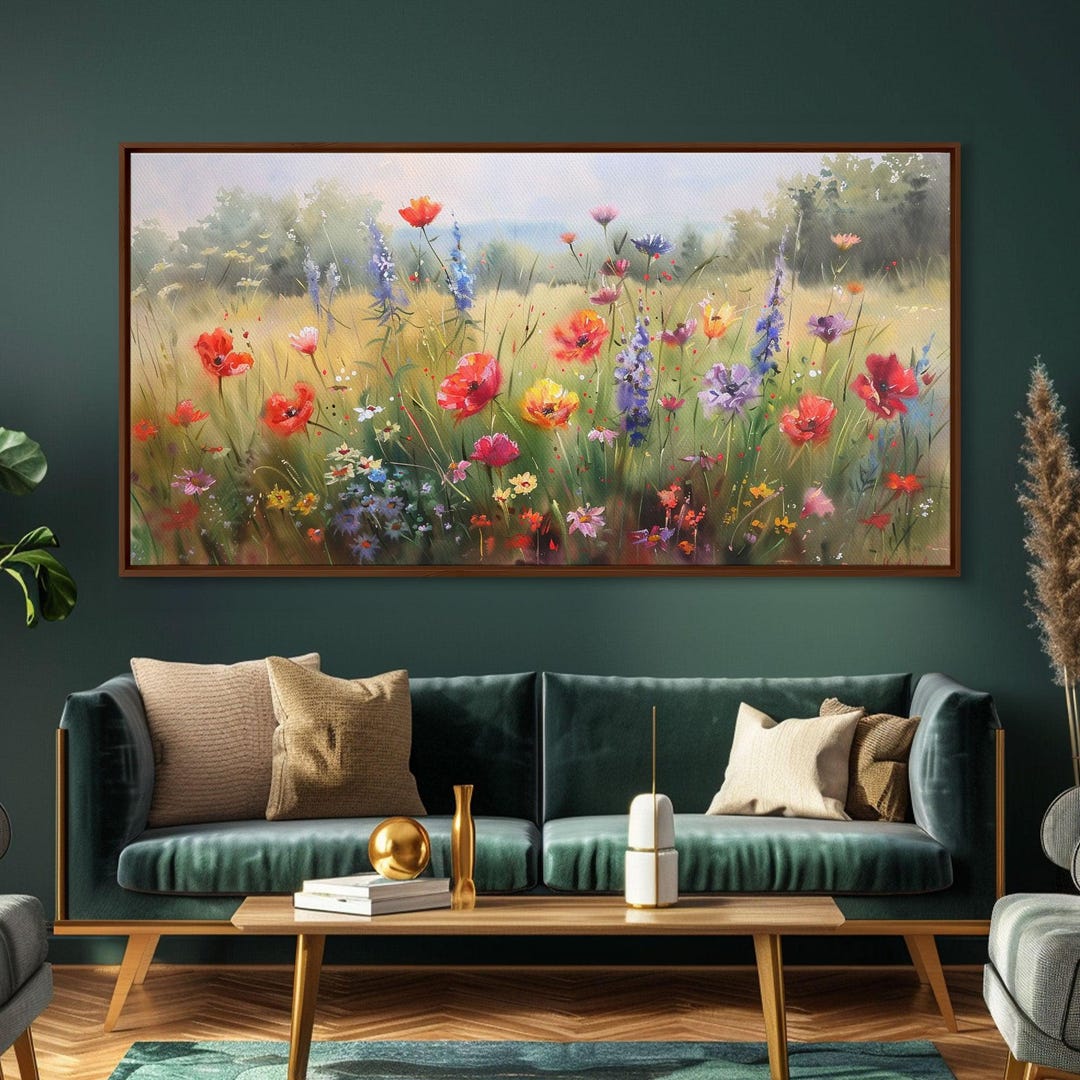 Wildflower Fields Oil Painting Canvas Print: Framed Landscape Wall Art ...