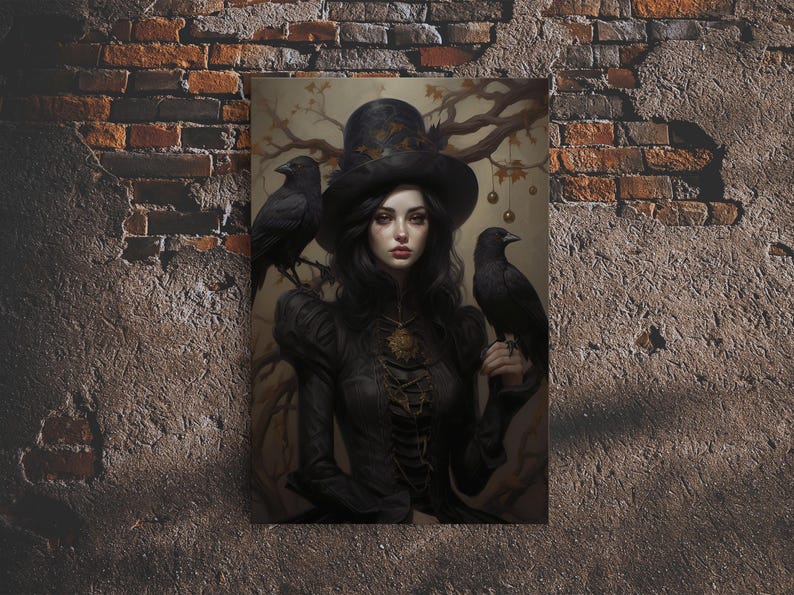 Witch and Ravens Framed Canvas: Gothic Halloween Art image 6