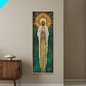 Art Deco Christian Canvas Print, Eucharistic Adoration Scene, Light Oak Frame afbeelding 7