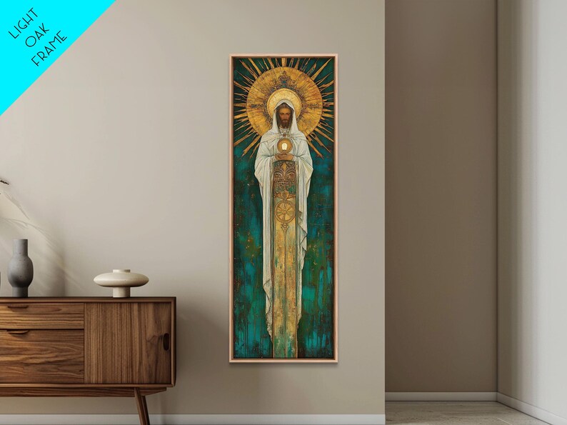 Art Deco Christian Canvas Print, Eucharistic Adoration Scene, Light Oak Frame afbeelding 7