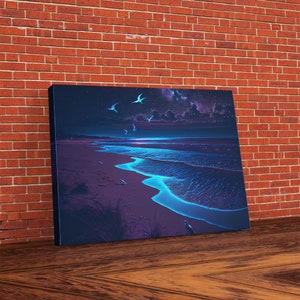 Moonlight On Beach Seashore Ocean Bioluminescence Wall Art Print, Wall Decor, Wall Poster, Wall Art Print