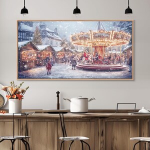 Festive Christmas Carousel Framed Canvas Print - Vintage Christmas Wall Art and Holiday Scene Decor with Christmas Characters
