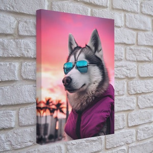 Siberian Husky In Pink Jacket Sunglasses Wall Print, Dog Art Print, Dog Portrait, Framed Wall Art, Framed Canvas, Wall Print, Wall Canvas