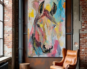 Abstract Horse Canvas Print: Pink Orange Vintage Farmhouse Art