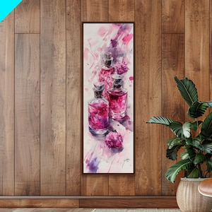 Perfume Bottles Canvas Print - Elegant Pink Abstract Art, Feminine Glass Bottles Artwork, Gift Idea for Her, Bedroom Wall Decor