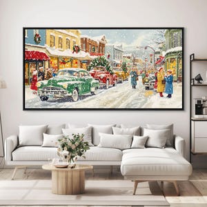 Festive Small Town Framed Canvas Print, Retro Christmas Village Scene, Vintage Christmas Decor, Christmas Vacation Art, Holiday Wall Art