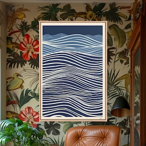 Blue Abstract Wave Art: Japandi Style Canvas Print