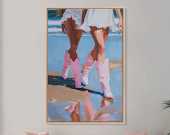 Pink Cowboy Boots Beach Canvas Print: Summer Fashion Art