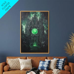 May include: A rectangular wall art piece in a gold floater frame featuring a dark, gothic-style architectural structure with tall spires and a prominent, glowing green circular orb at its center, set against a deep, moody, dark green background.