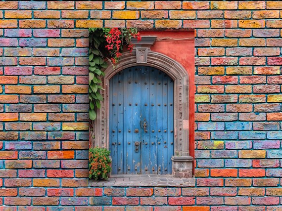 Traditional Mexican Style Rustic Blue Door Tall Art Framed Canvas