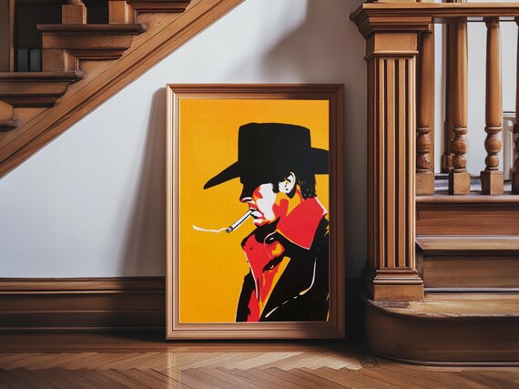 Mysterious Cowboy Smoking Cigarette - Framed Canvas Print, Western Pop Art,  Bold Wall Art for Living Room or Bar
