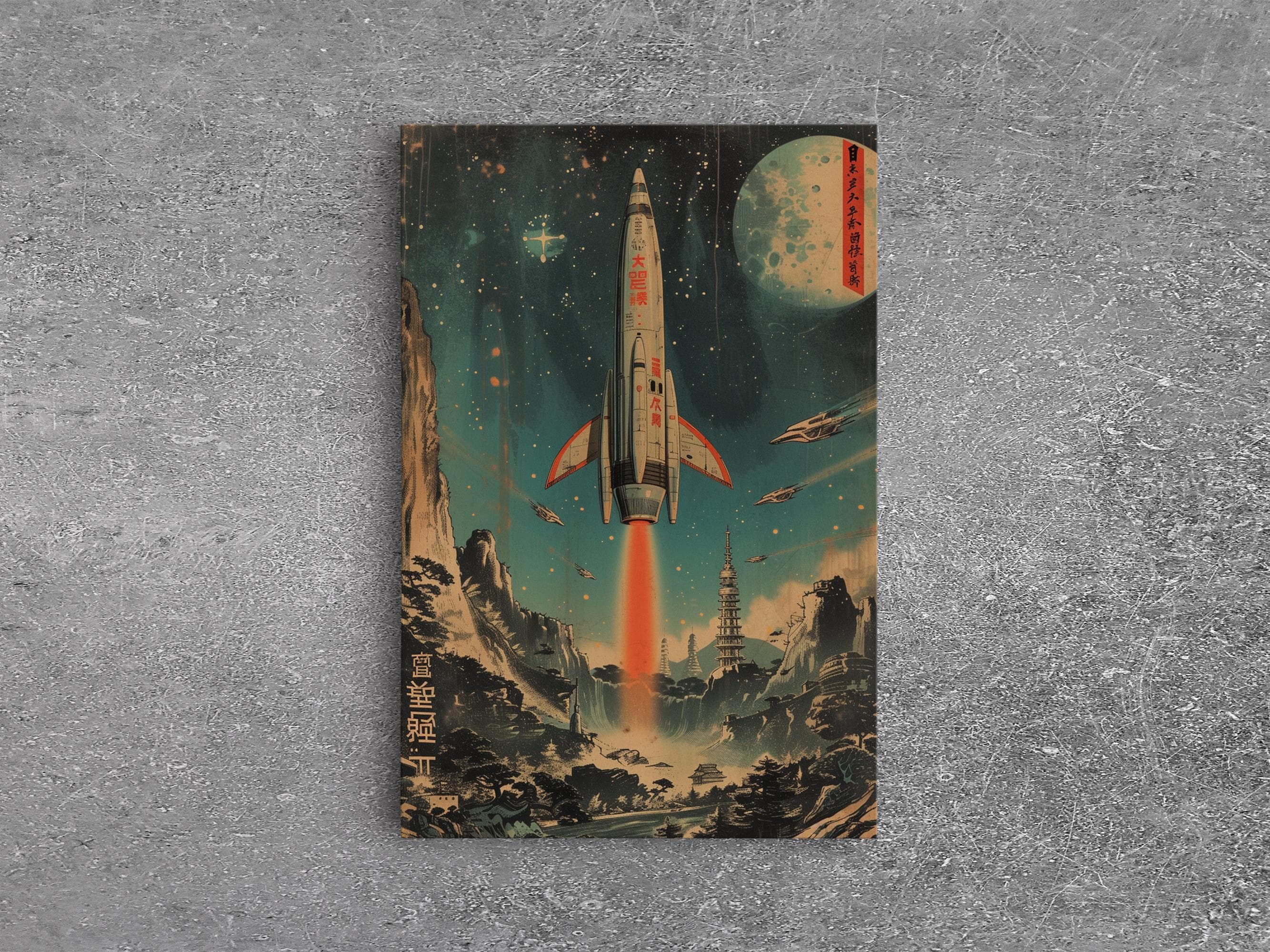 Japanese Space Age Canvas Print: Retro Rocket, Modern Wall Decor