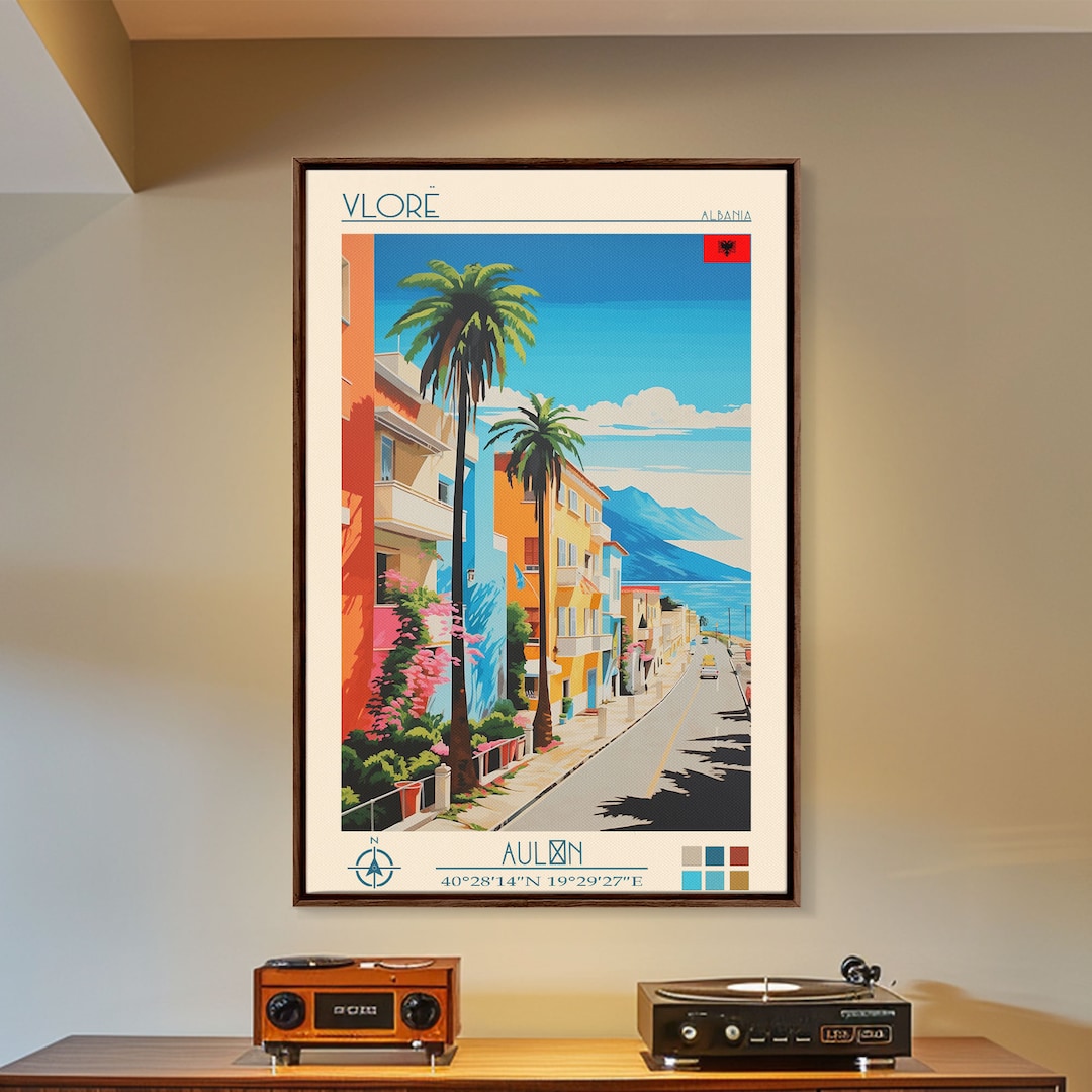 Vlore Albania Travel Poster Framed Canvas Print, Midcentury Modern Art