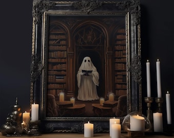 Spooky Ghost in Library Art Print: Halloween Fall Decor