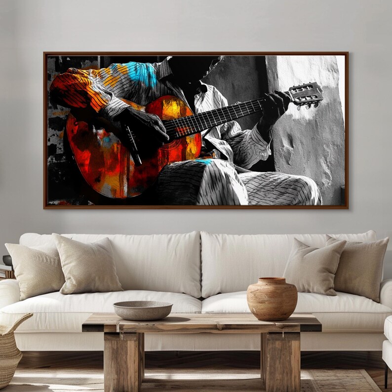 Guitarrista, música, expresión, momento musical melancólico capturado en esta impresión en lienzo enmarcada, arte bohemio para sala de música, arte de pared para estudio artístico imagen 15