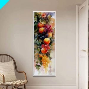 Vibrant Fruit Canvas Print with Grapes and Apples, Fall Rustic Kitchen Art, Farmhouse Vertical Living Room Wall Decor
