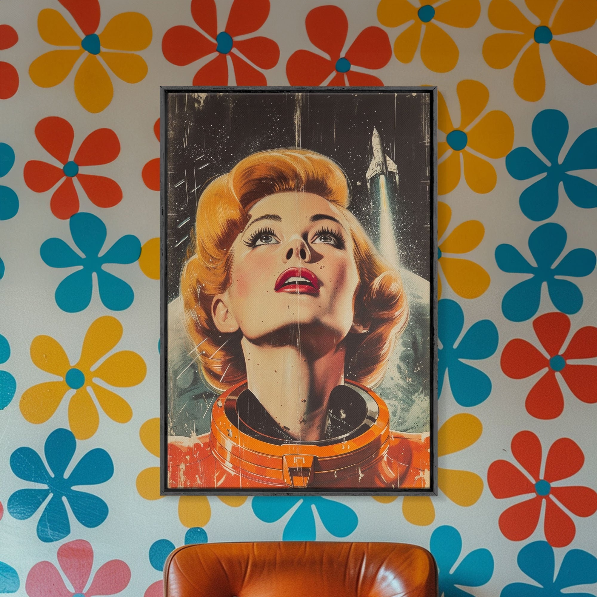 Mid Century Space Propaganda Poster Art, Retro Atomic Age Art, Framed and Printed Canvas Art, Vintage Inspired Pop Art, Astronaut Woman Art