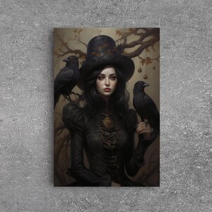 Witch and Ravens Framed Canvas: Gothic Halloween Art image 3