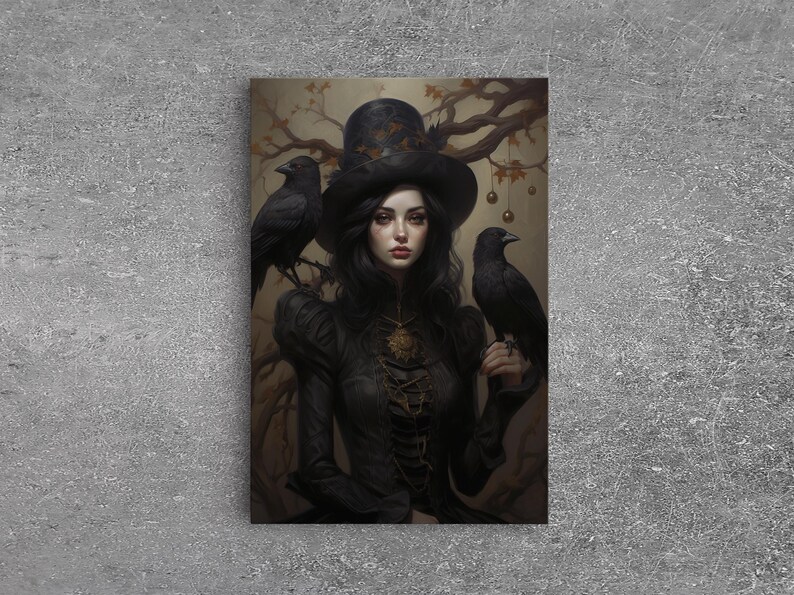 Witch and Ravens Framed Canvas: Gothic Halloween Art image 3