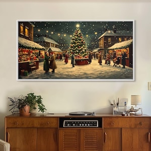 Vintage Christmas Village Market Scene Framed Canvas Print - Perfect Retro Christmas Wall Art and Vintage Christmas Home Decor 2024