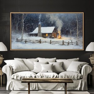 Rustic Cabin in Snow Framed Canvas Print: Cozy Winter Art - Etsy