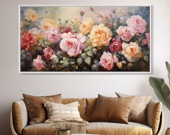 Roses Canvas Art Print: Panoramic Floral Botanical Wall Decor