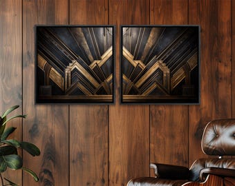 May include: Two framed black and gold geometric art prints with an Art Deco design. The prints are framed in black and have a gold metallic finish.