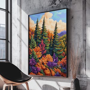 Autumn Trees, Forest, Art, Framed Canvas Print fall forest landscape painting, colorful trees artwork, cabin decor, fall living room art