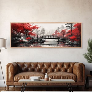 Japanese Hashi Bridge in The Spring, Framed Canvas Print, Japanese Maple Trees Along A Stream, Asian Inspired Artwork