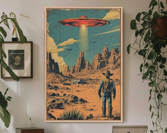 SciFi Western Cowboy Art Print, Desert Wall Art, Alien Abduction Poster, UFO Poster, Framed and Printed Canvas Art