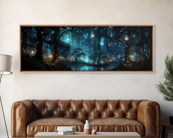 Fantasy Forest Print - Lightning Bugs Light Up The Forest At Night - Framed Canvas Print - Beautiful Fantasy Art - Framed Wall Art Fireflies