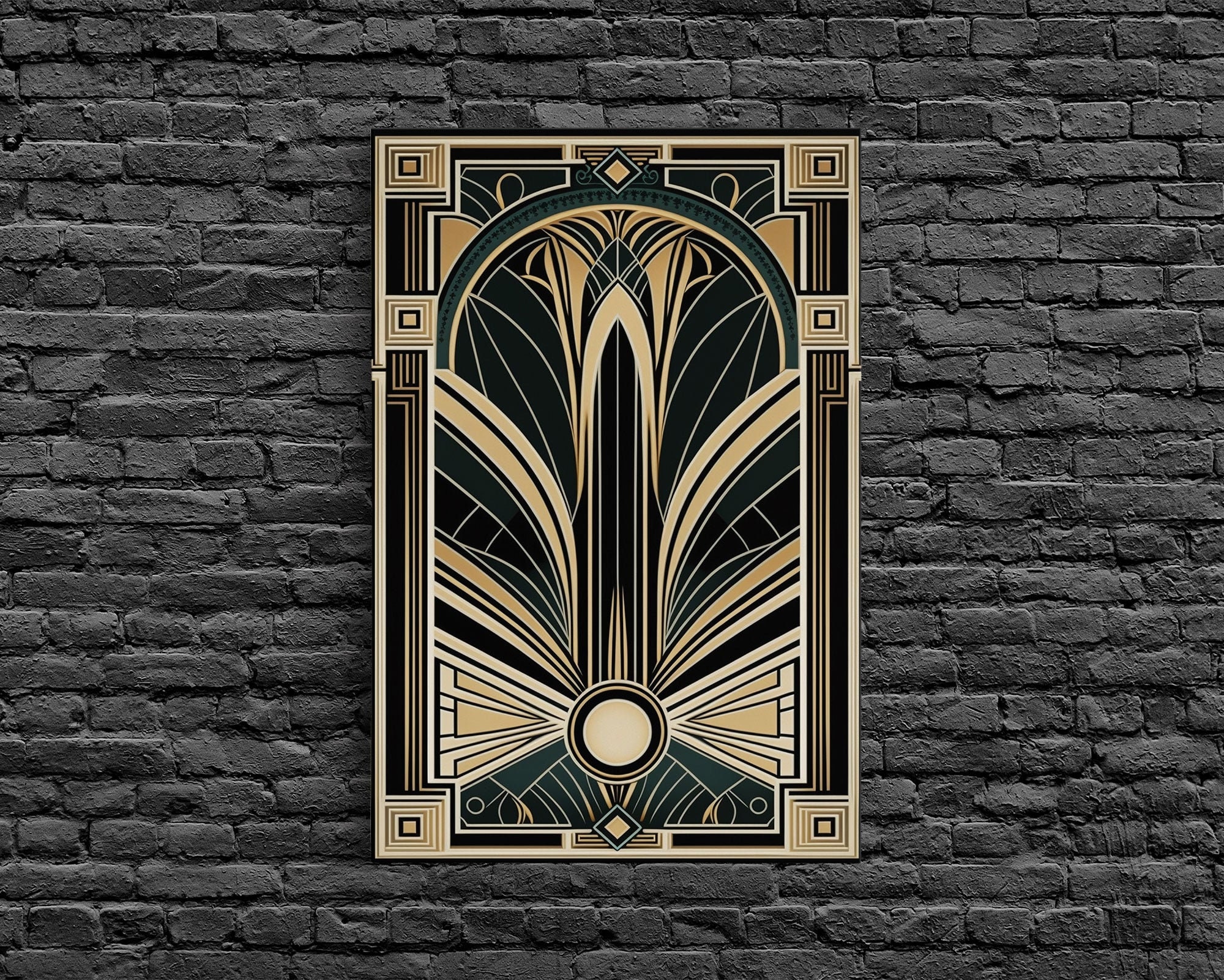 Art Deco Wall art, Framed Canvas Print, Art Deco, Gold & green art, Geometric art, Midcentury Modern, Stained glass art, Office decor