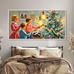Family Christmas Decorating Framed Canvas Print, Retro Holiday Scene Art, Vintage Christmas Home Decor, Christmas Art Prints, Wall Art