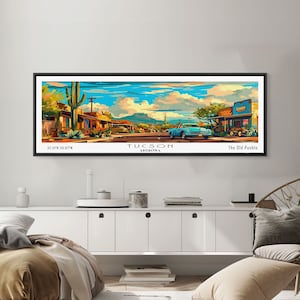 Tucson Arizona Panoramic Wall Art, Mid Century Modern Framed Canvas Print, Retro Pop Art Travel Poster, Office Wall Art, Living Room Decor