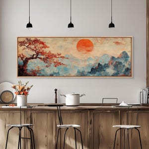 Japanese Maple Sunset Canvas Art: Vintage Woodblock Style Print