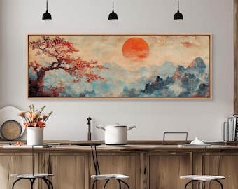 Japanese Maple Sunset Canvas Art: Vintage Woodblock Style Print