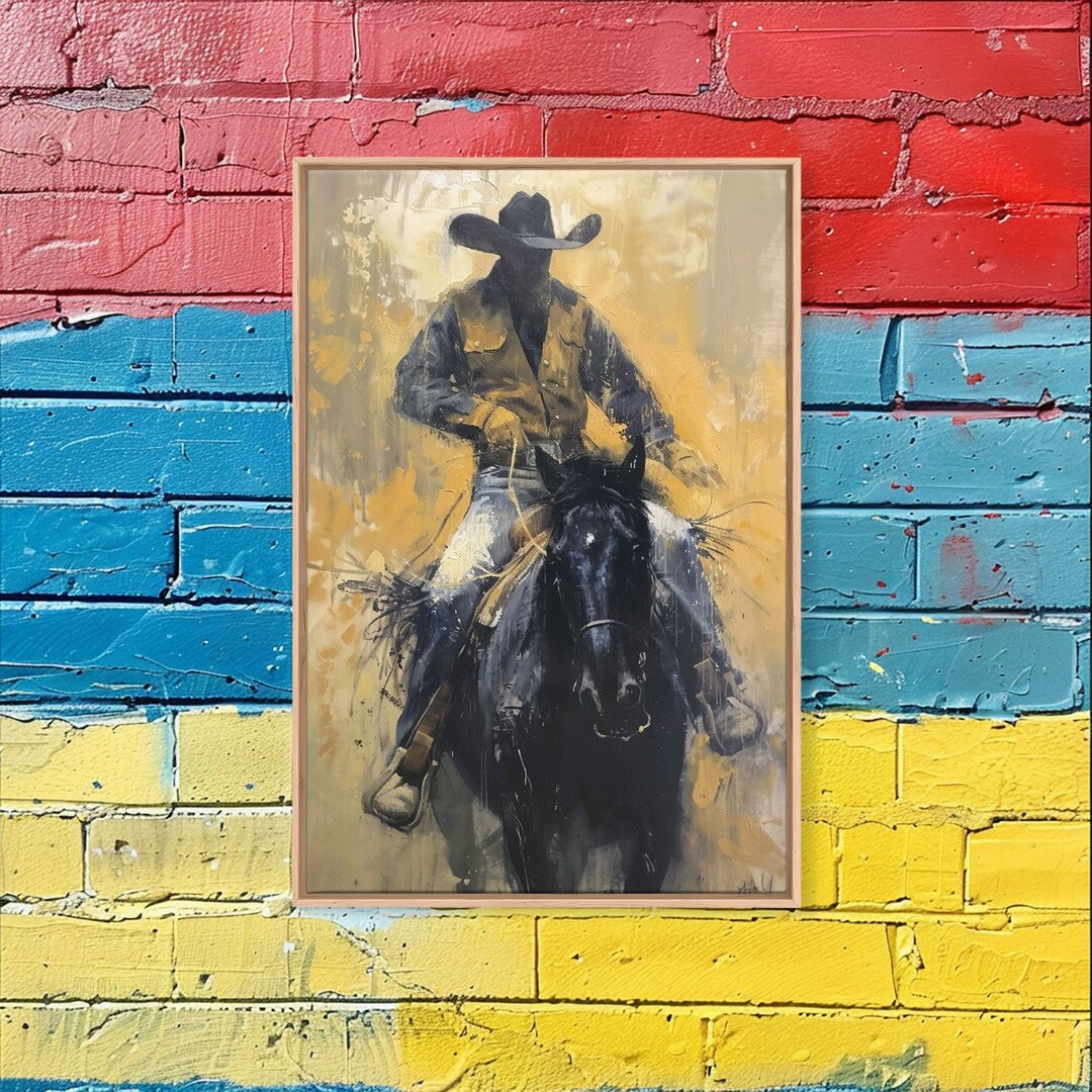 Cowboy in Full Gear Riding Horse - Framed Canvas Print, Western Wall ...