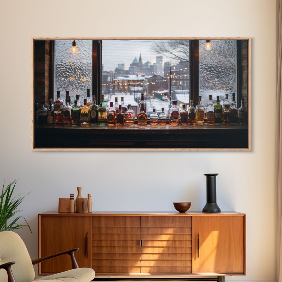 Vintage Bar in the Winter, Framed Canvas Print, Bar Decor, Bar Wall Art